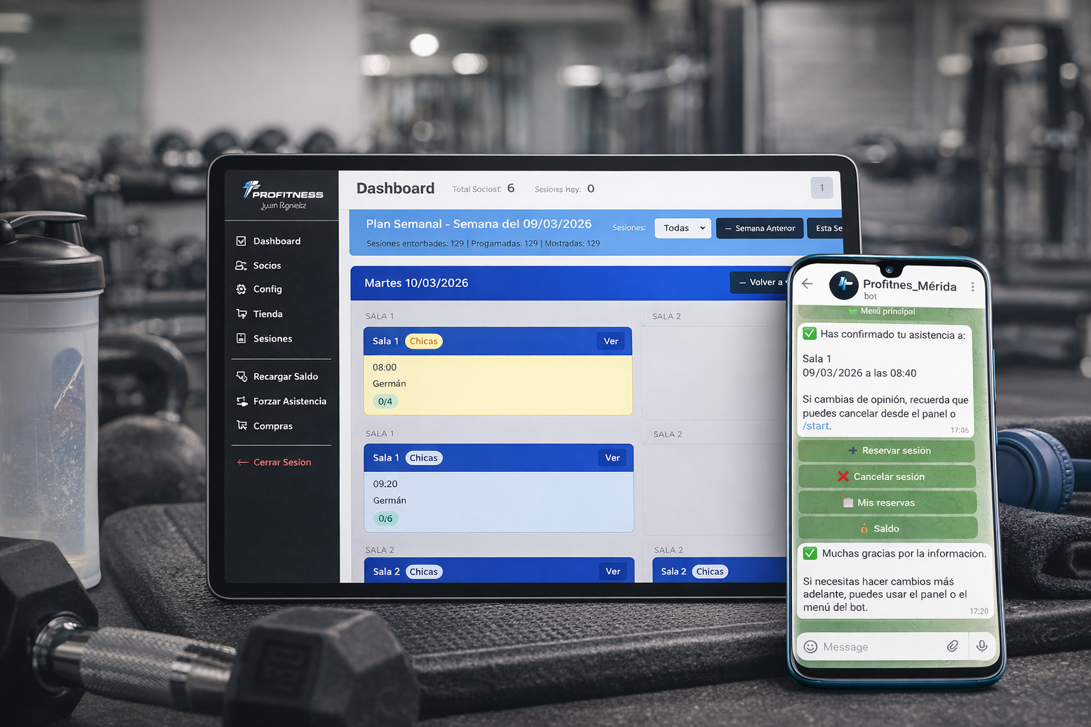 Reservas de sesiones para gimnasio