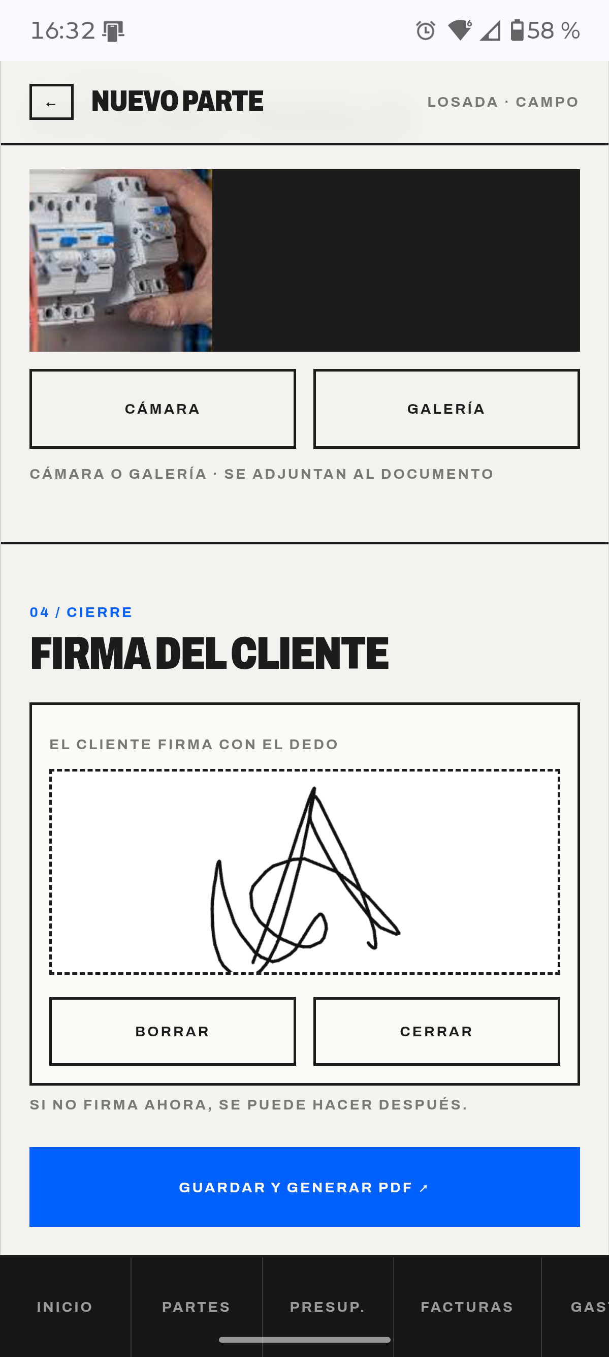 Albarán móvil con trabajo, materiales, fotos y firma