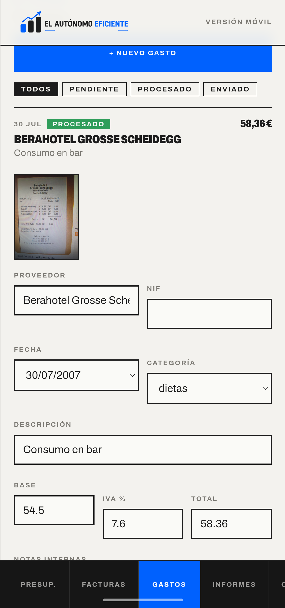 Registro de un ticket fotografiado