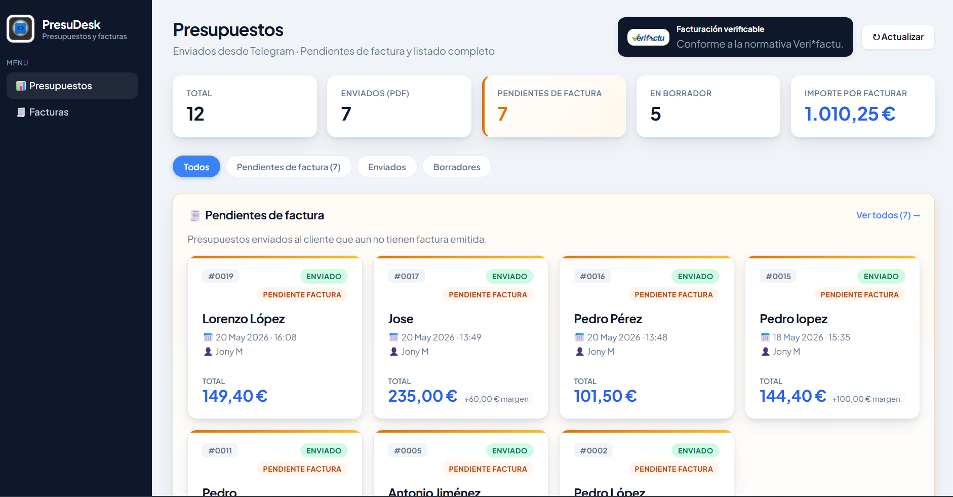 Panel de control con la información lista para generar factura